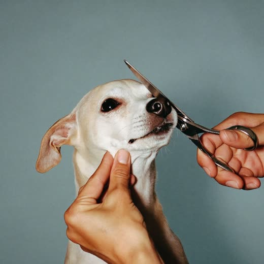 A dog's face being carefully trimmed with scissors